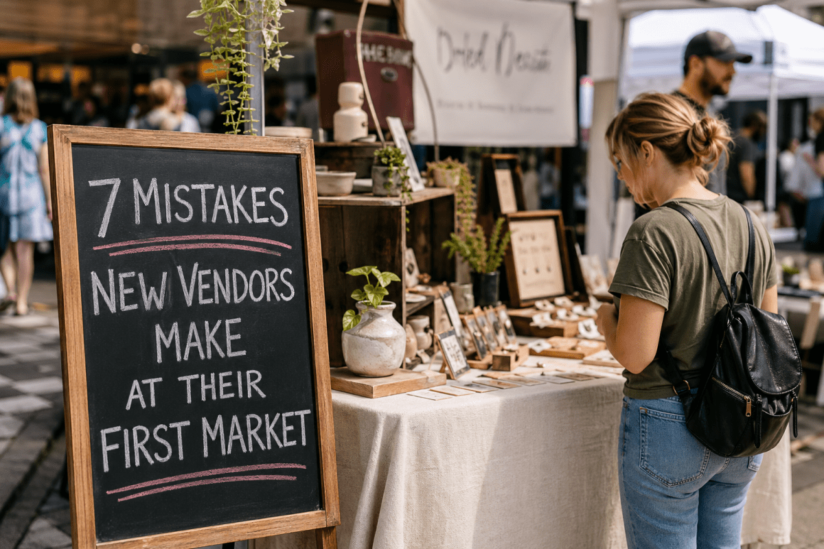 Vendor booth at a busy craft market with a chalkboard sign reading ‘7 Mistakes New Vendors Make at Their First Market’ and a shopper browsing handmade goods