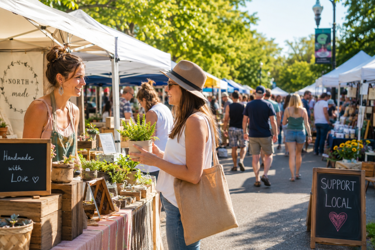 A busy outdoor summer market with colorful vendor tents lining a sunlit street, shoppers browsing handmade goods and plants, and a smiling vendor helping a customer at a local artisan booth under bright green trees.