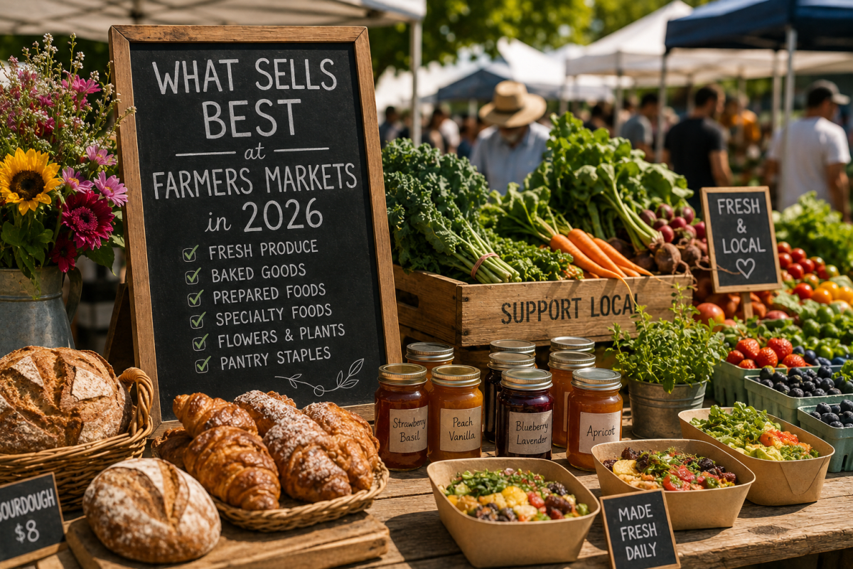 Colorful outdoor farmers market display featuring fresh produce, artisan bread, pastries, flowers, and specialty foods with a chalkboard sign highlighting the best-selling farmers market products in 2026.