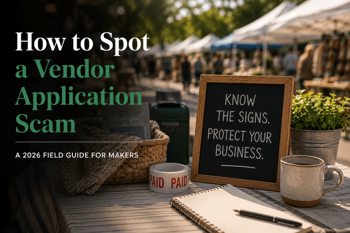 Market vendor application scam awareness graphic showing an outdoor farmers market scene with a chalkboard sign reading "Know the Signs. Protect Your Business." alongside the headline "How to Spot a Vendor Application Scam: A 2026 Field Guide for Makers."