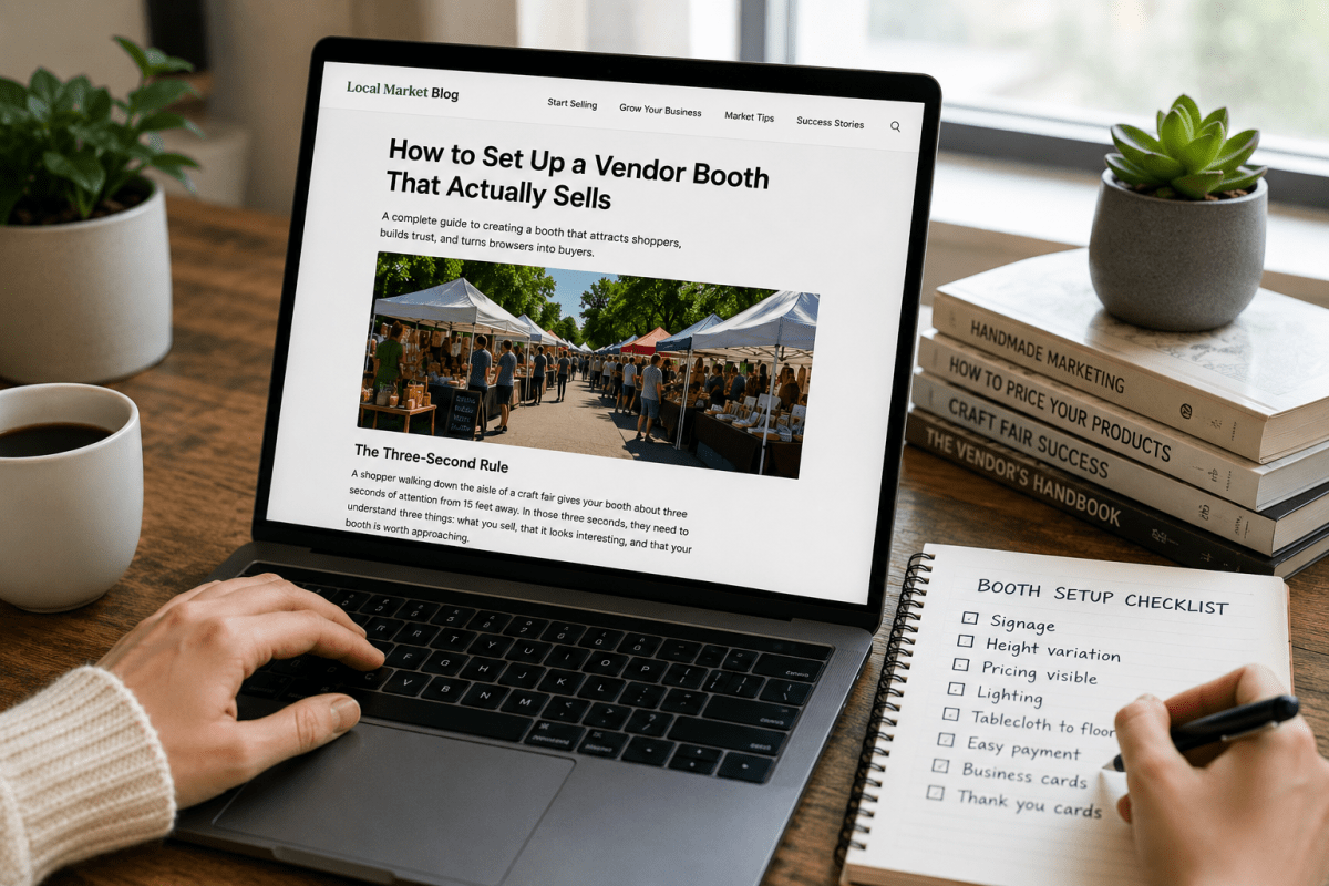 Person planning a successful vendor booth setup on a laptop with a booth setup checklist, marketing books, and a bright workspace, illustrating strategies for creating an attractive, high-converting market display.