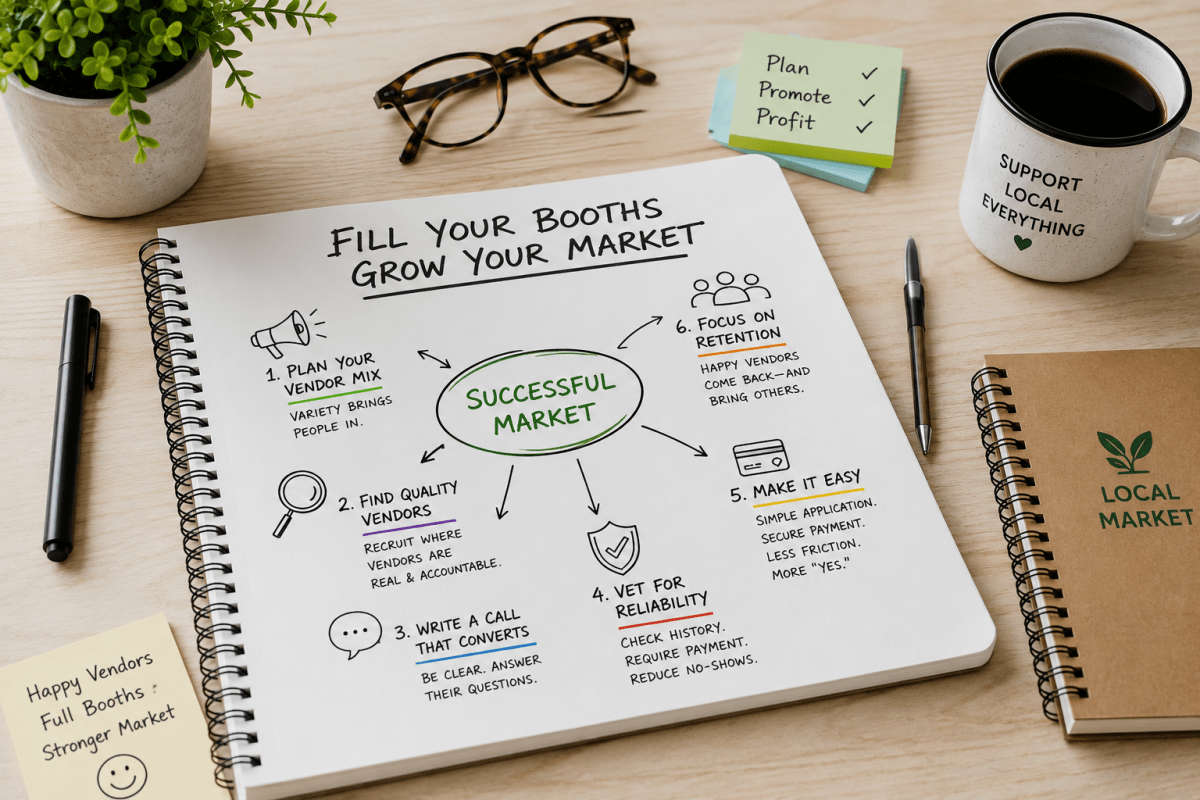 Flat lay of a market organizer's desk with a notebook outlining a strategy for recruiting quality vendors, growing attendance, and filling booths at farmers markets and craft fairs.