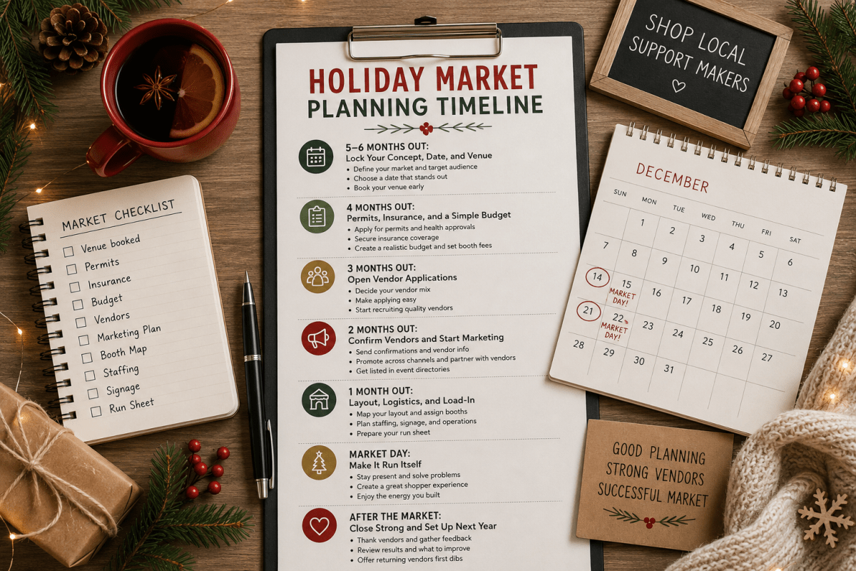 Holiday market planning timeline displayed on a clipboard beside a calendar, vendor checklist, coffee, and festive winter decorations.