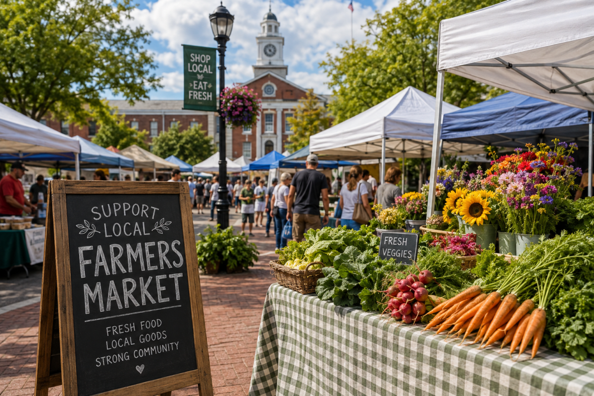 A bustling farmers market in a town square with vendors selling fresh vegetables, flowers, and local goods under colorful tents, with shoppers browsing and a historic clock tower in the background.