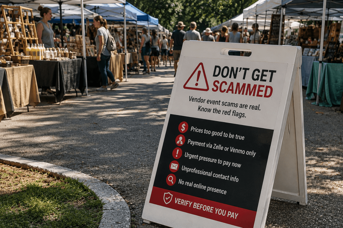 Outdoor craft market with vendor tents and shoppers, featuring a warning sign about vendor event scams and the importance of verifying an event before paying.