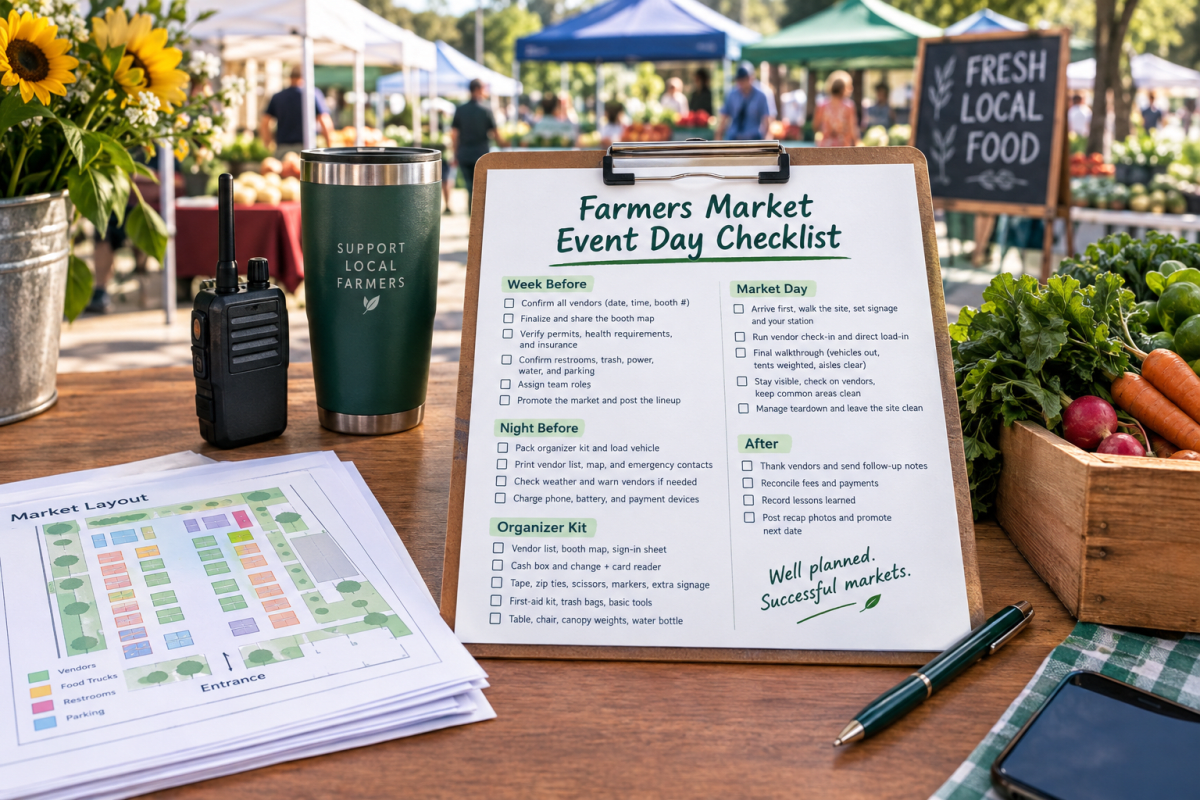 Farmers market event day checklist on a clipboard with a market layout map, organizer supplies, fresh produce, and a busy outdoor farmers market in the background.