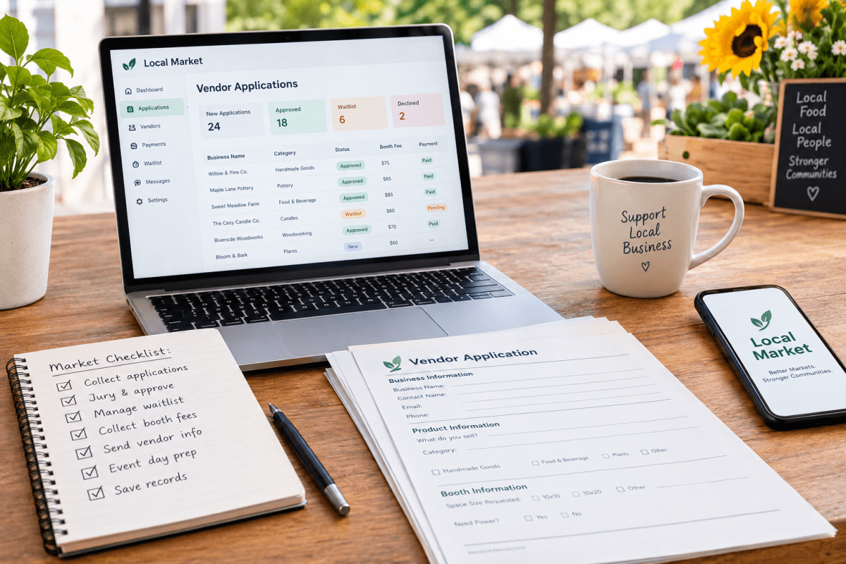 Laptop displaying a Local Market vendor application dashboard on a wooden table, alongside vendor application forms, a market management checklist, and a coffee mug, illustrating an organized process for managing vendor applications, booth fees, and local market events.