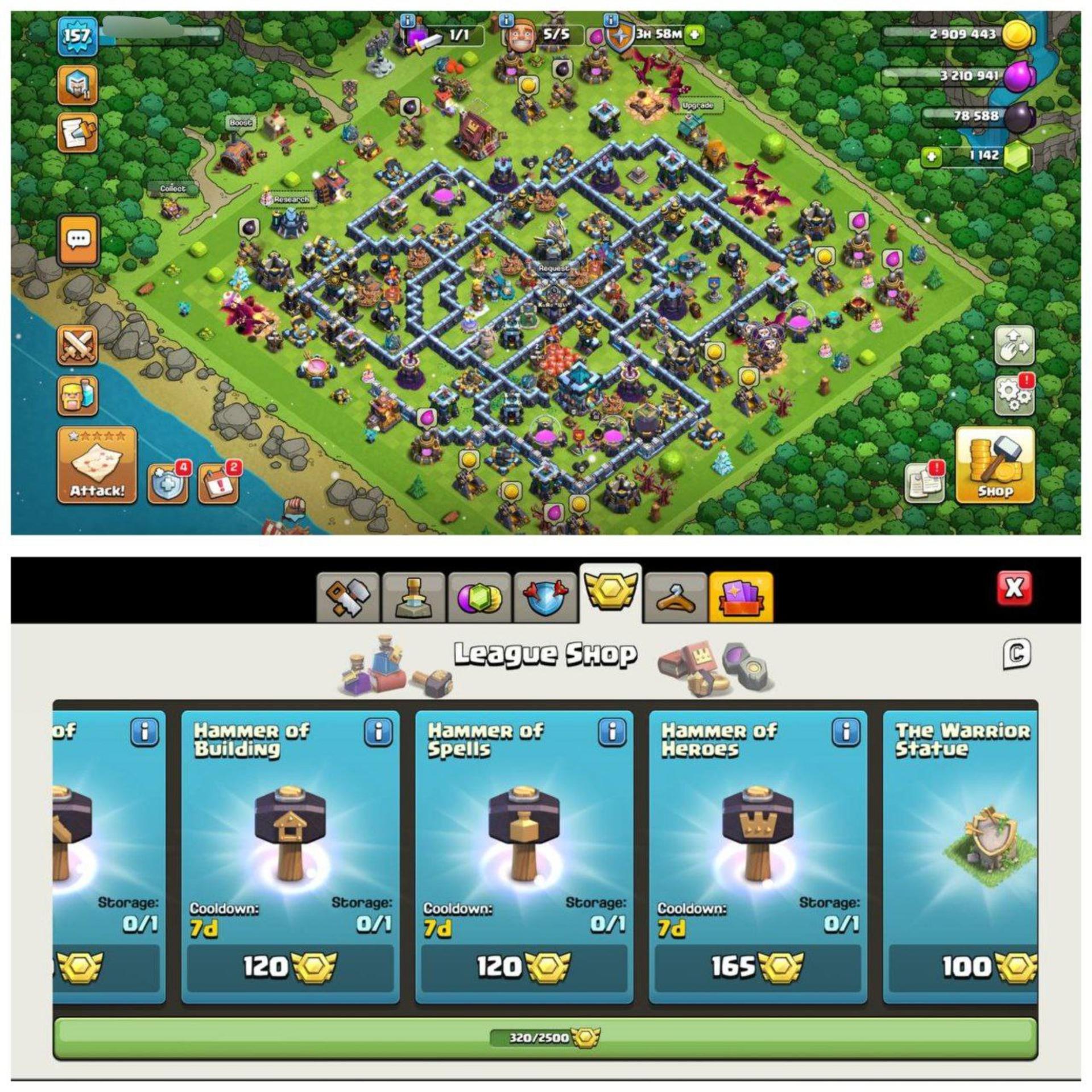 {80% DISCOUNT} TH13 ALMOST MAX ID⚡️4 EPIC EQUIPMENT⚡️XP-157⚡️HERO 61-74-36-49-22⚡️ 320 CWL MEDALS⚡️ 