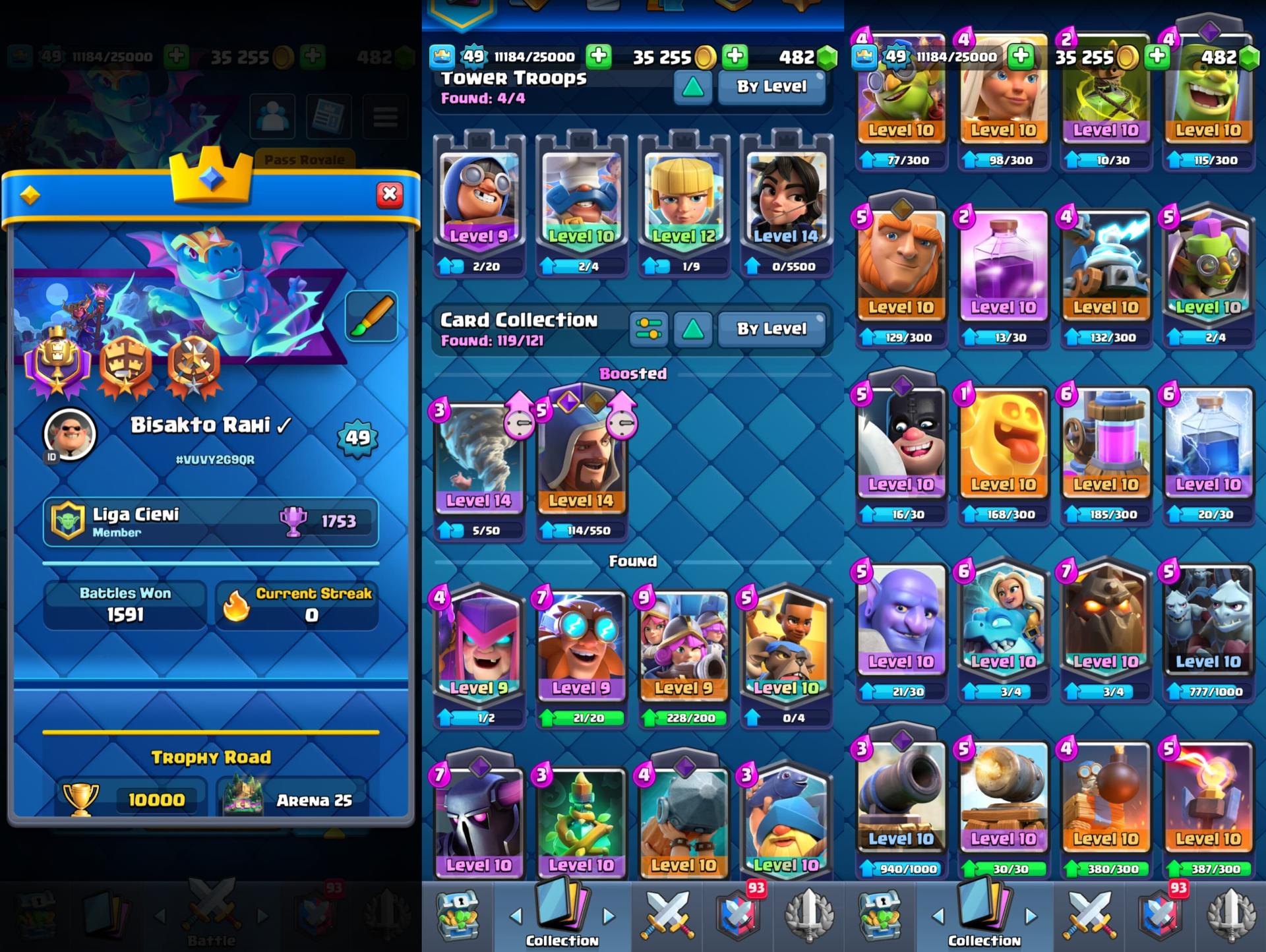 CR ID 🔥 49 Level 🔥 Arena 25 🔥 10k Trophy 🔥 Good Emote🔥482 Gems🔥Ck Details