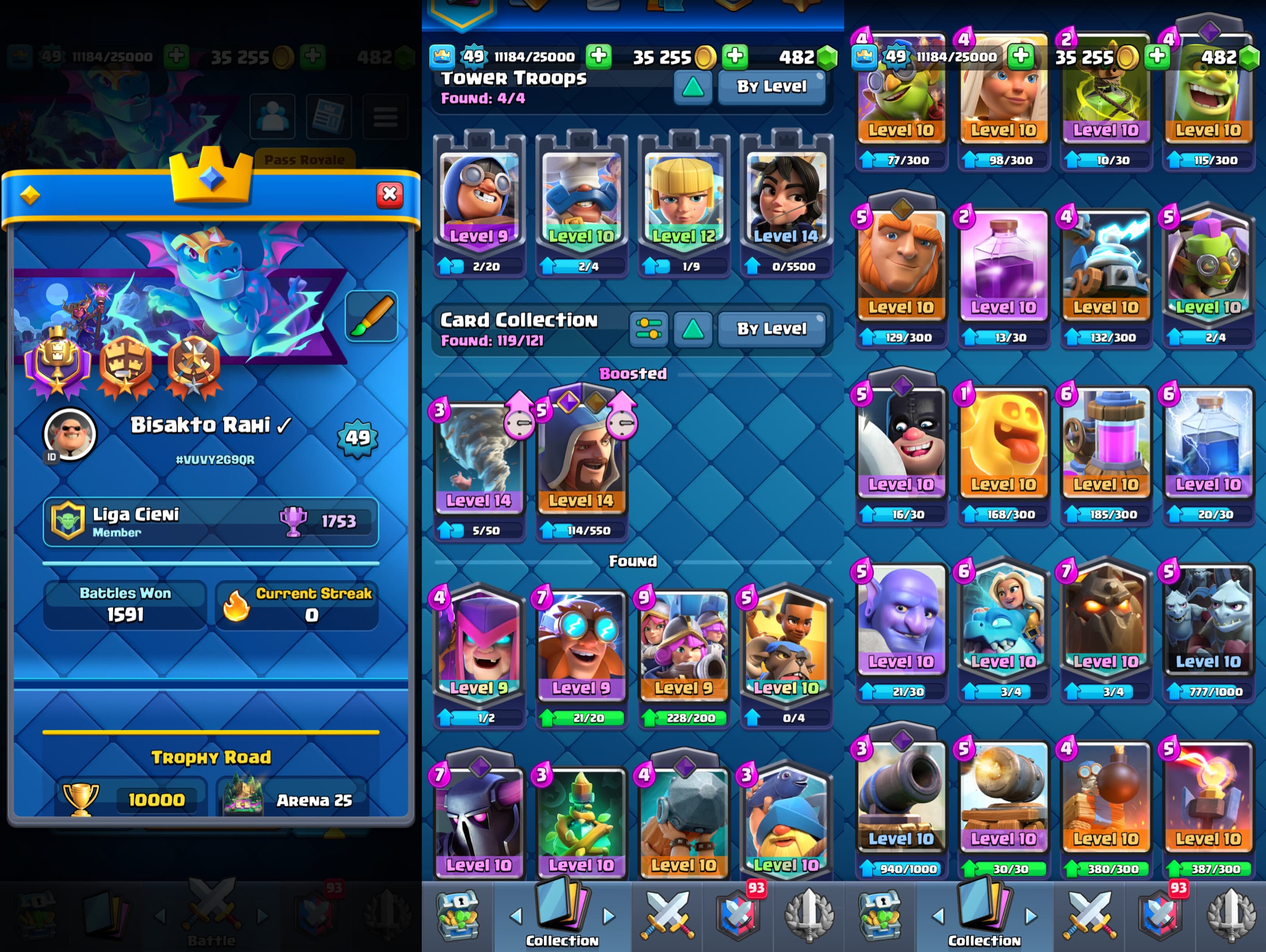CR ID 🔥 49 Level 🔥 Arena 25 🔥 10k Trophy 🔥 Good Emote🔥482 Gems🔥Ck Details