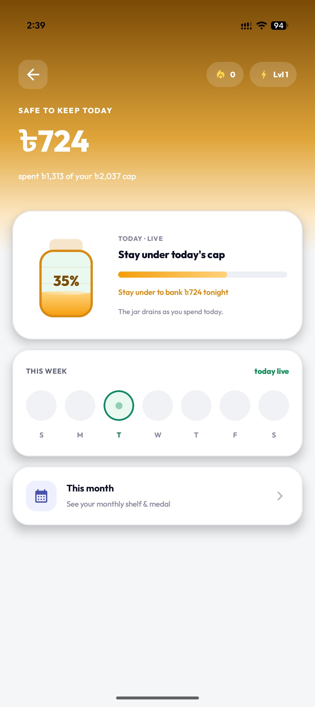 Ledgr challenge jar with safe-to-keep amount, stay-under-cap progress, this week dots, and monthly shelf link