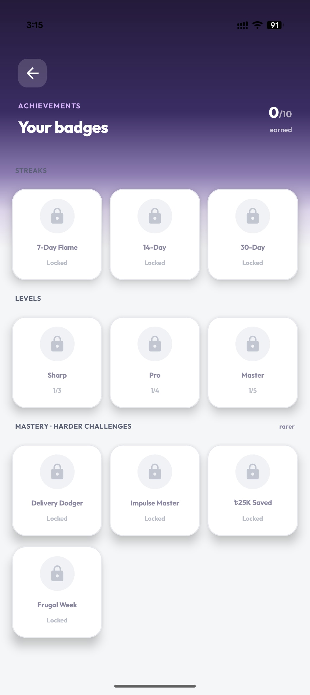 Ledgr badges screen with streak, level, and mastery achievements showing locked and in-progress states
