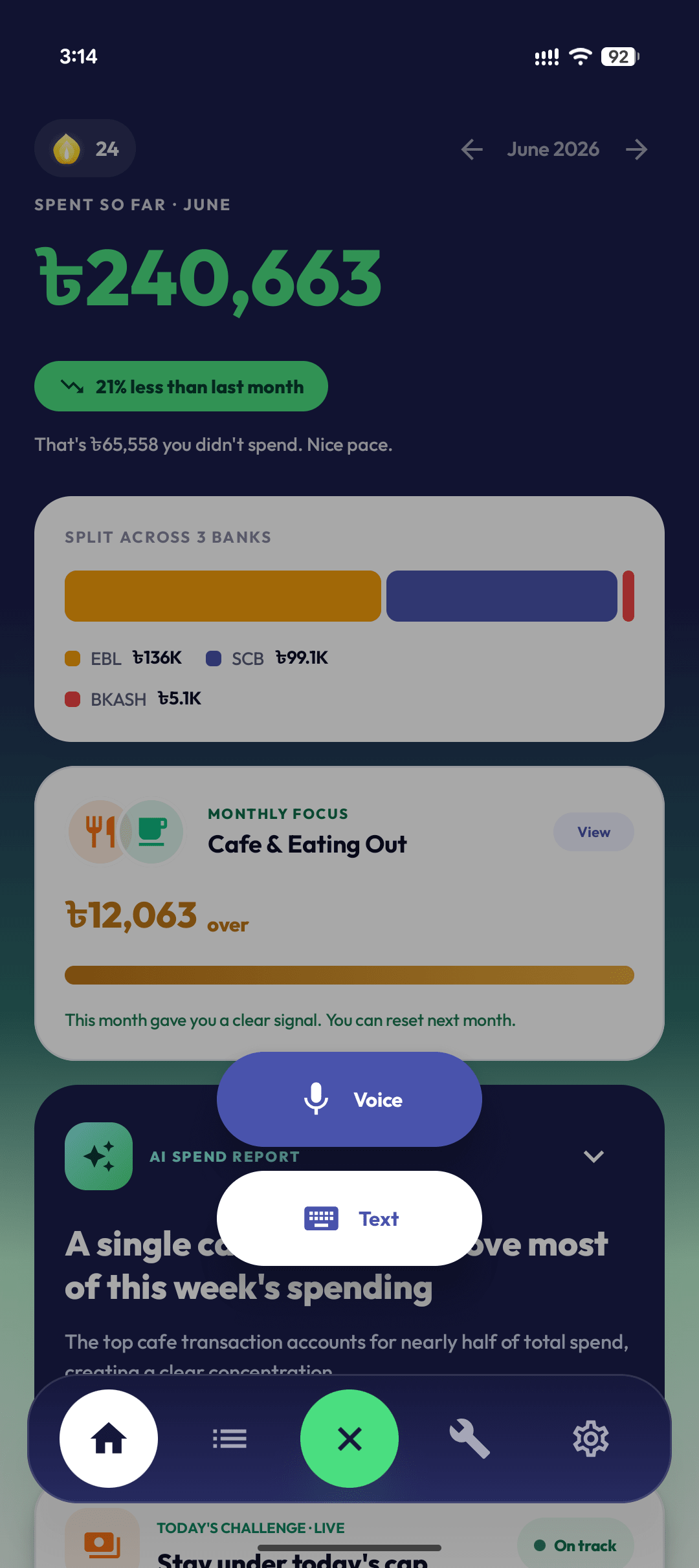 Ledgr Add transaction menu with Voice and Text options