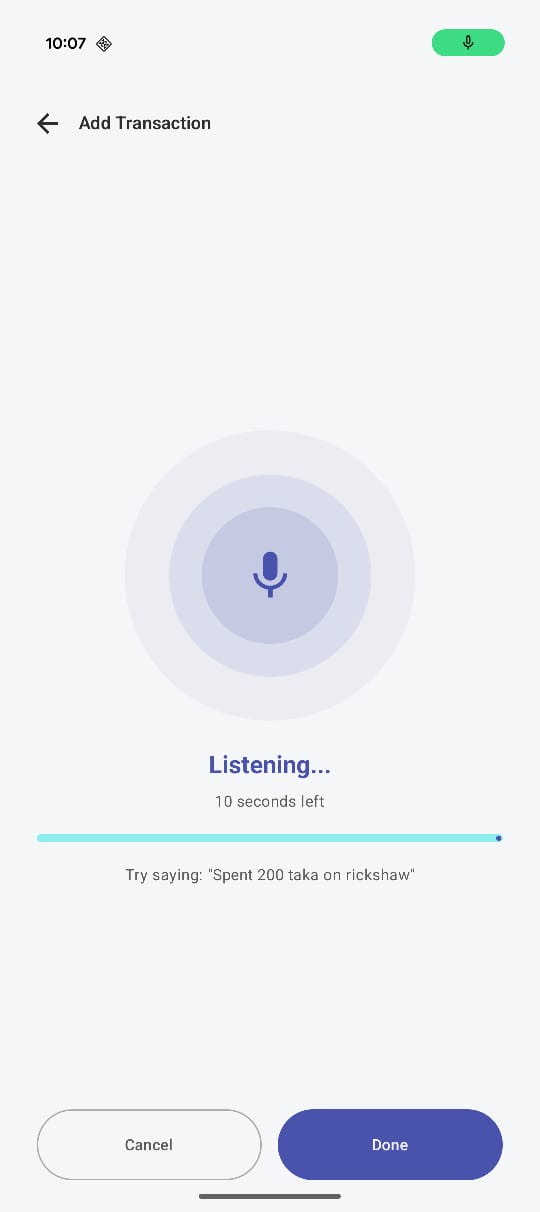 Ledgr manual spend entry screen with voice input