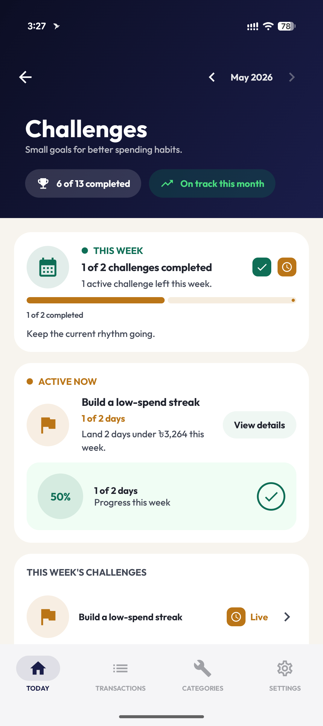 Ledgr Challenges overview showing active money habits