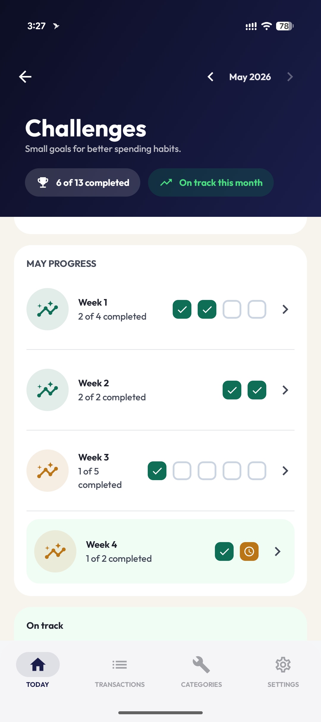 Ledgr Challenges monthly progress view