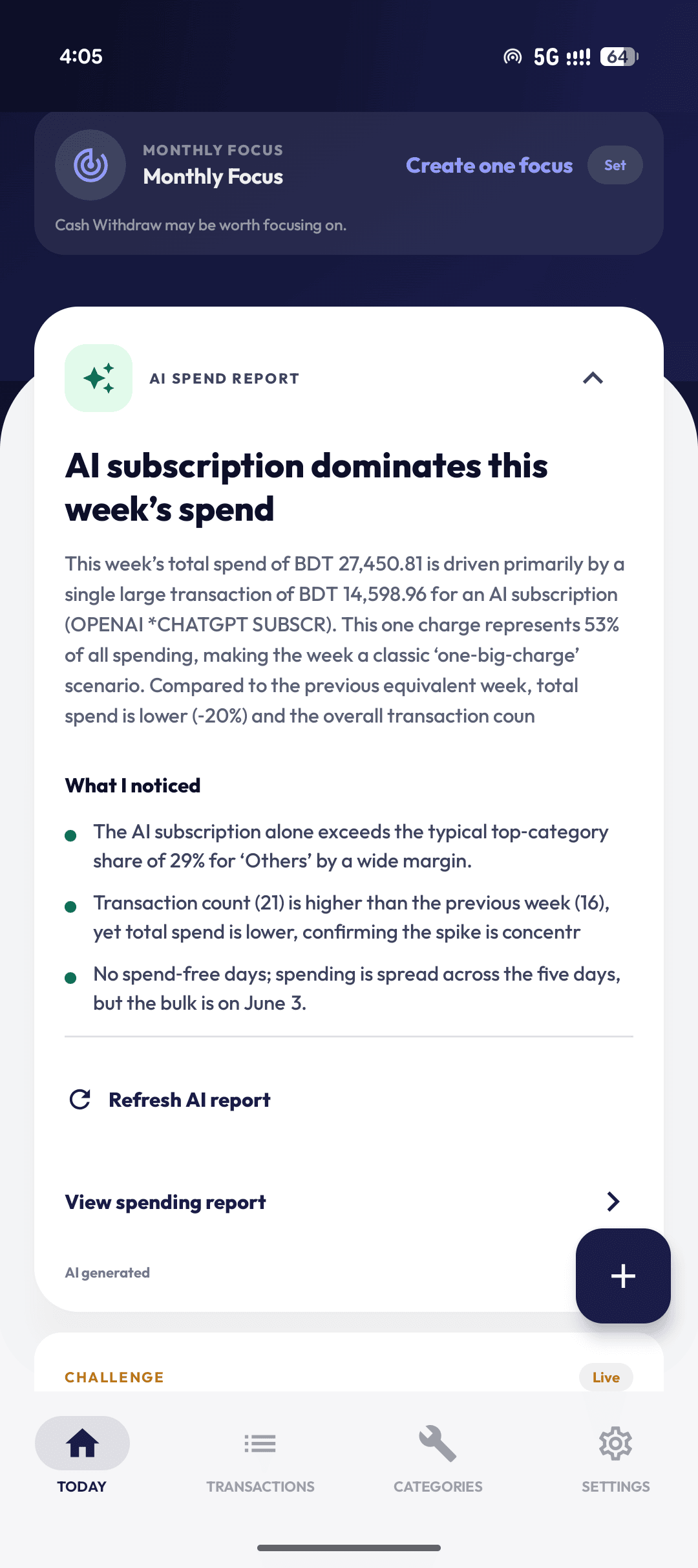 Ledgr AI Spend Report expanded with a written diagnosis and a What I noticed list