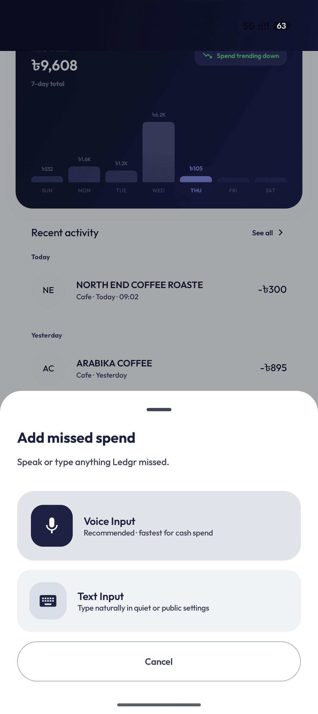 Ledgr Add missed spend sheet with Voice and Text options