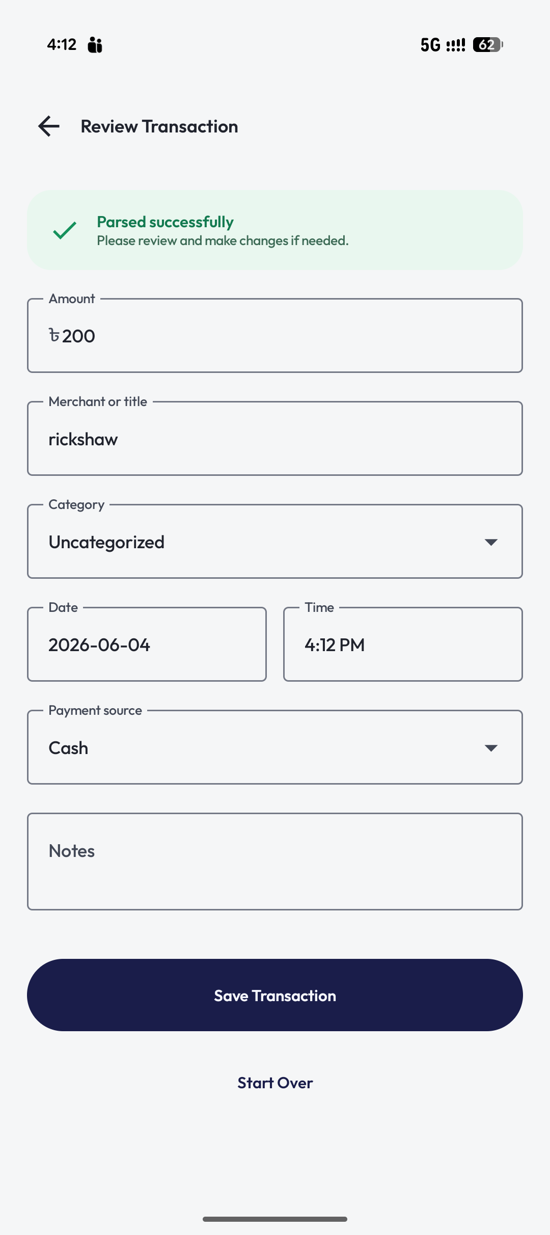 Ledgr Review Transaction screen with parsed fields