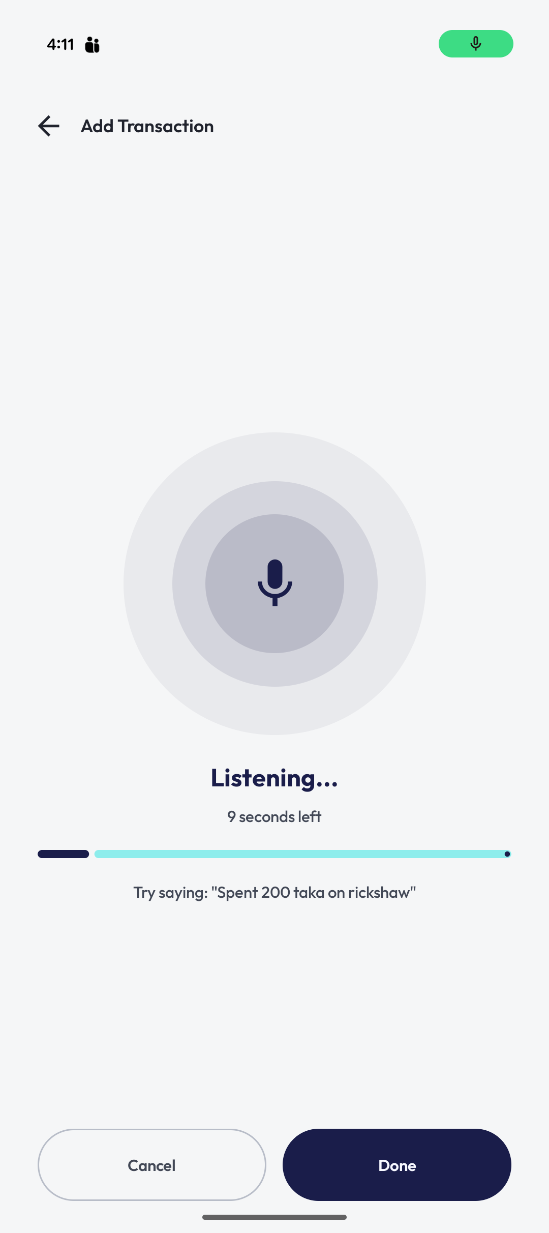 Ledgr voice input listening with a 10 second countdown