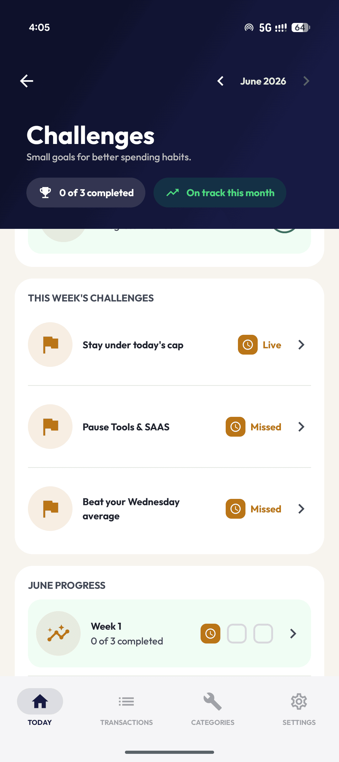 Ledgr this week's challenges list with Live and Missed statuses