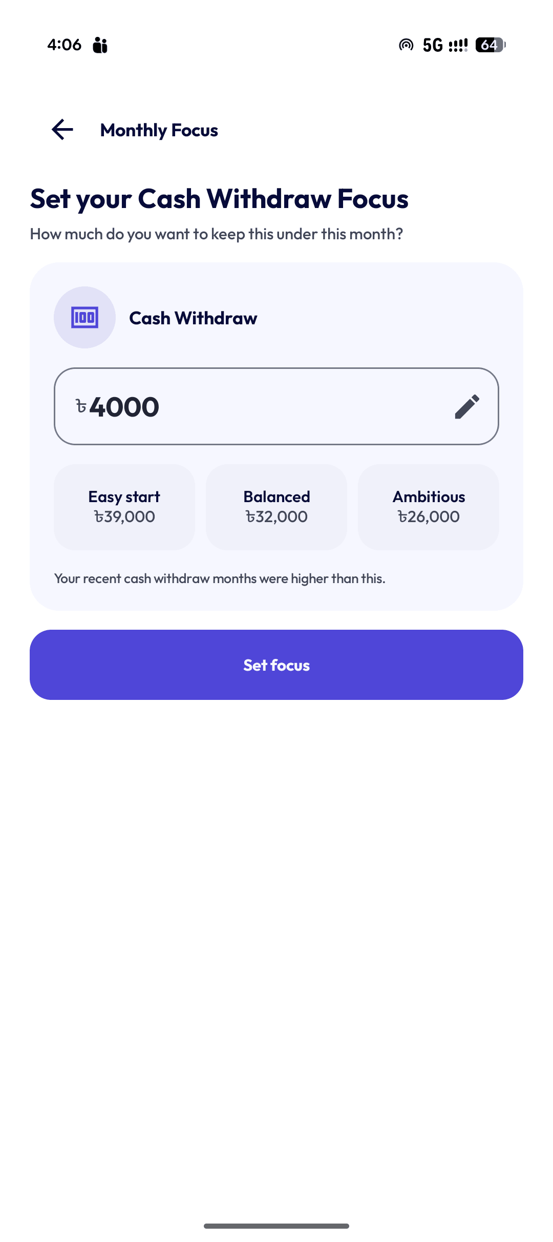 Ledgr Monthly Focus amount screen with Easy start, Balanced, and Ambitious target options