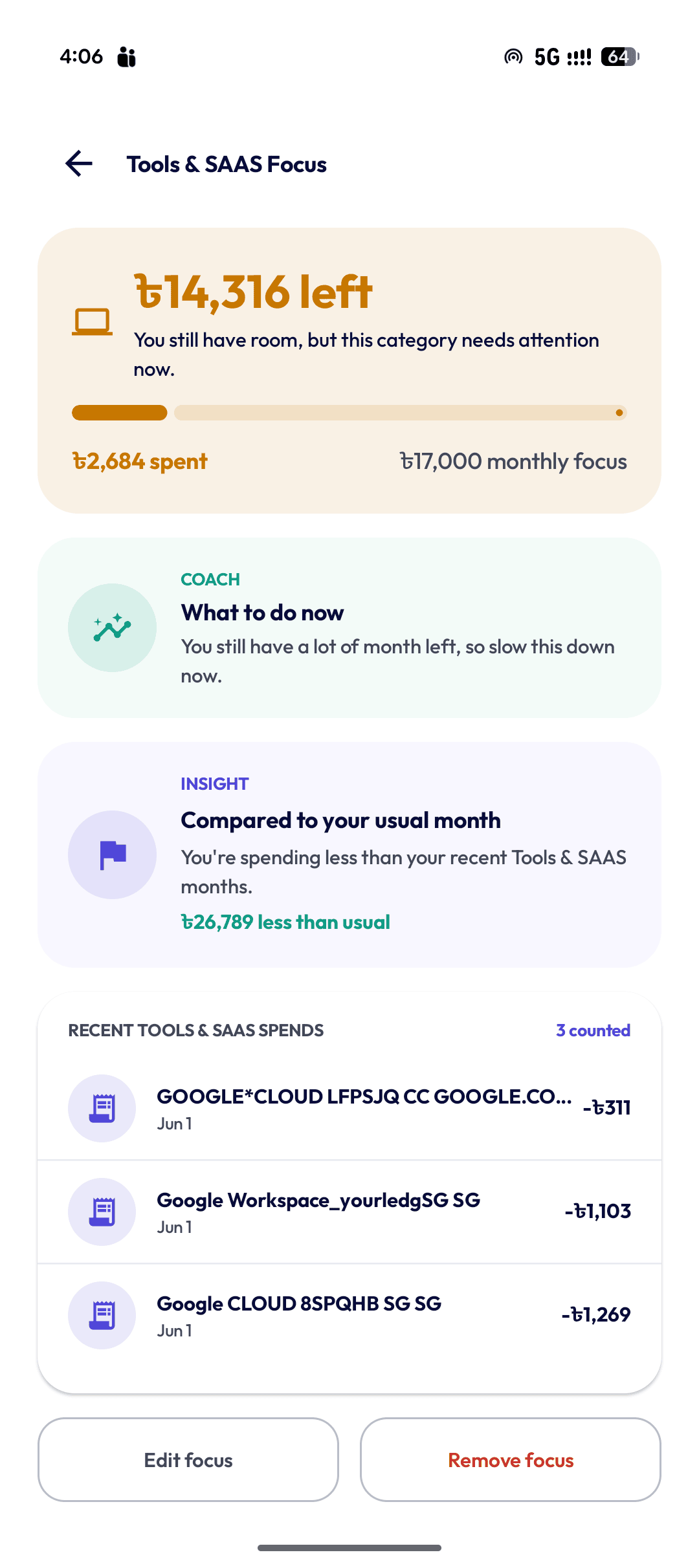 Ledgr Monthly Focus tracking screen showing amount left, progress, usual month comparison, and counted transactions