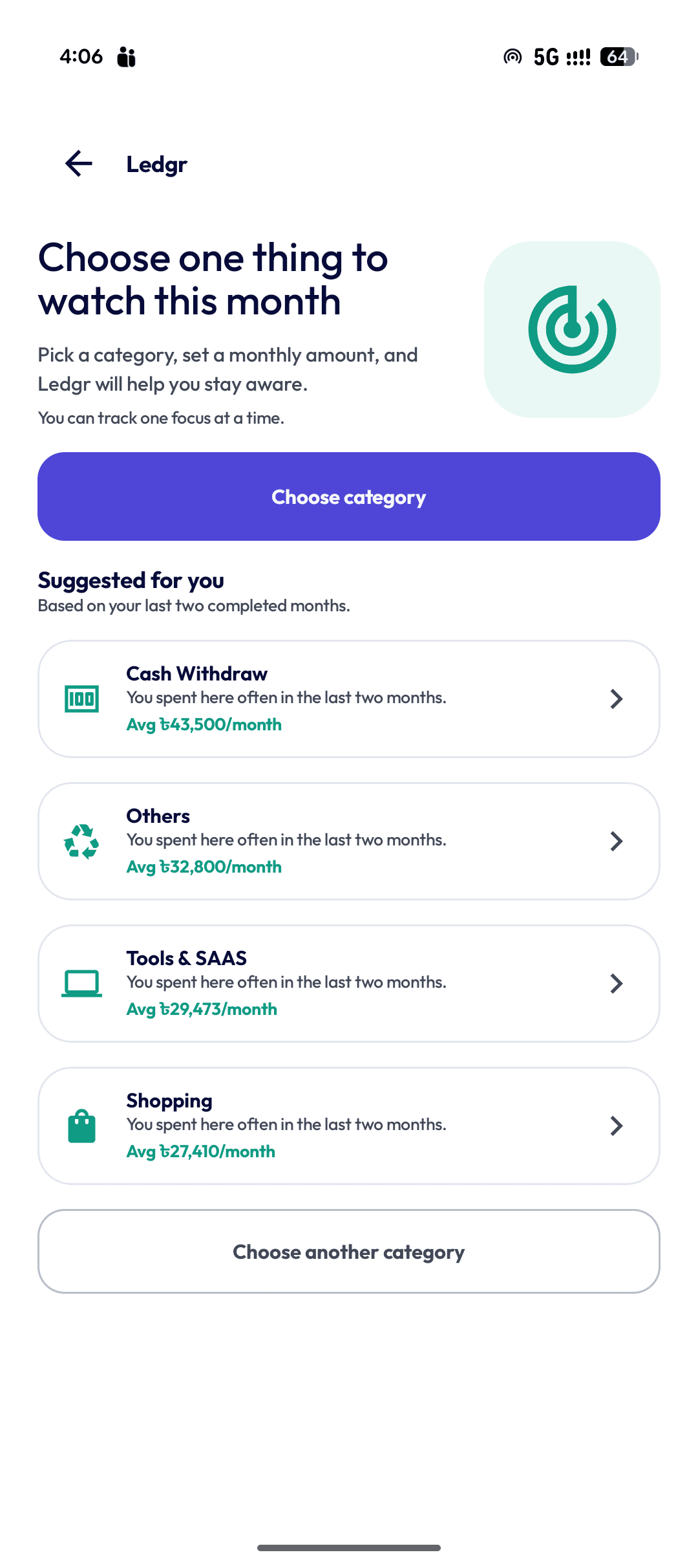 Ledgr Monthly Focus category selection screen with suggested categories and average monthly spend