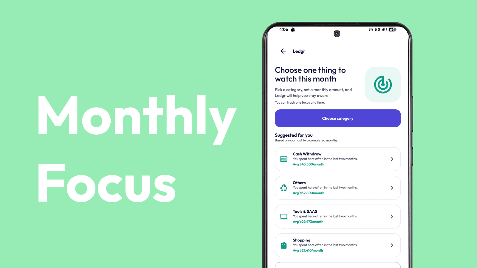 Ledgr Monthly Focus detail screen showing a category target, amount left, progress bar, coach copy, and counted transactions