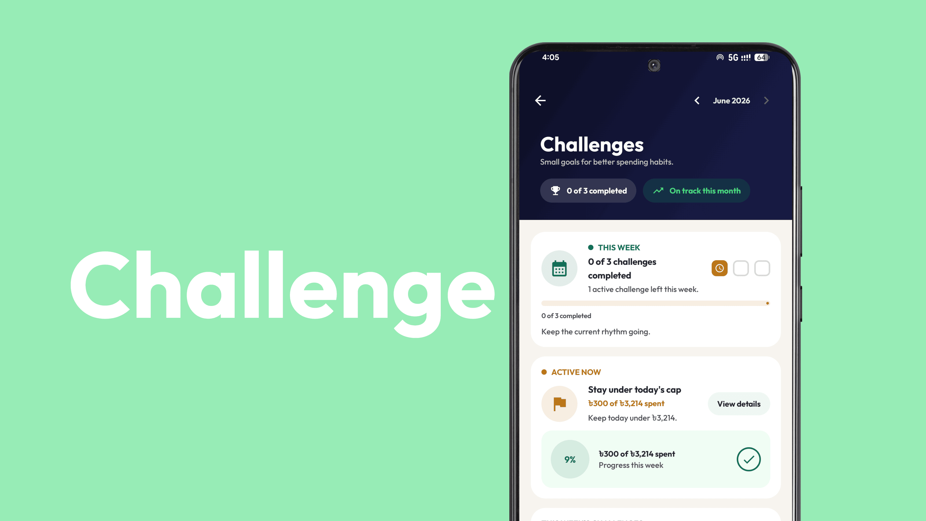 Ledgr Challenges screen showing the month header, completed count, on-track chip, this week summary, and an active challenge card