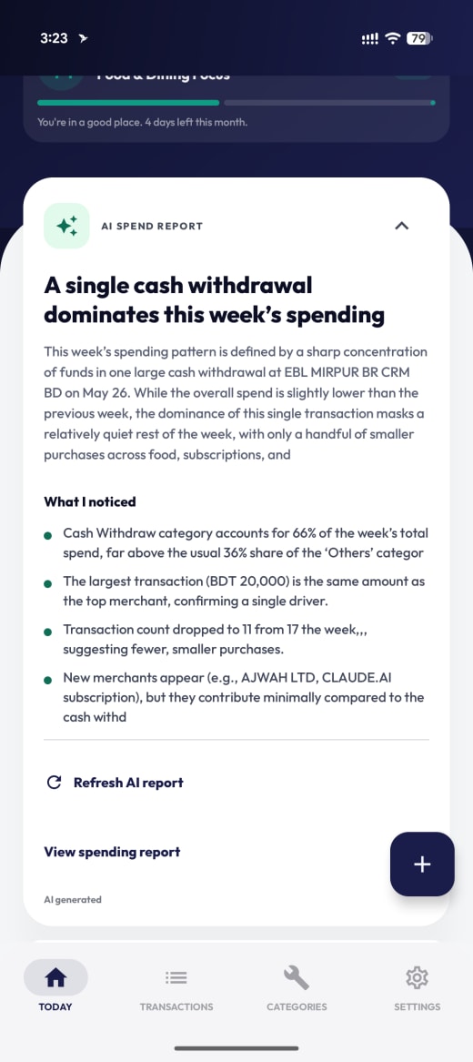 Weekly Ledgr AI Spend Report with spending driver explanation