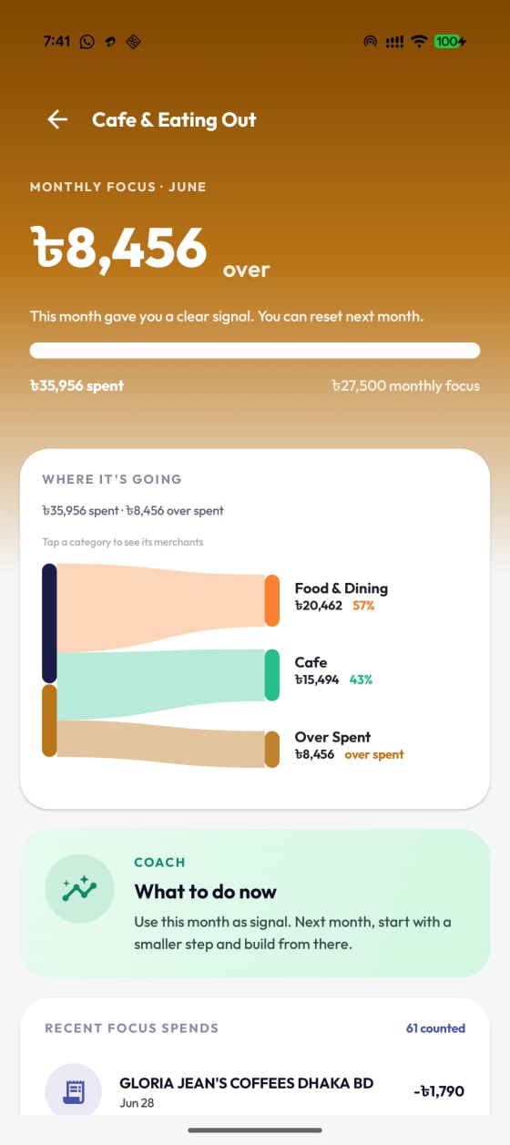 Ledgr Monthly Focus screen tracking spend against one chosen category