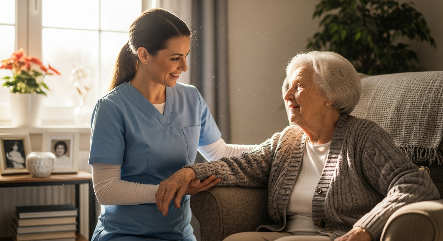 A caregiver helping an elderly person at home
