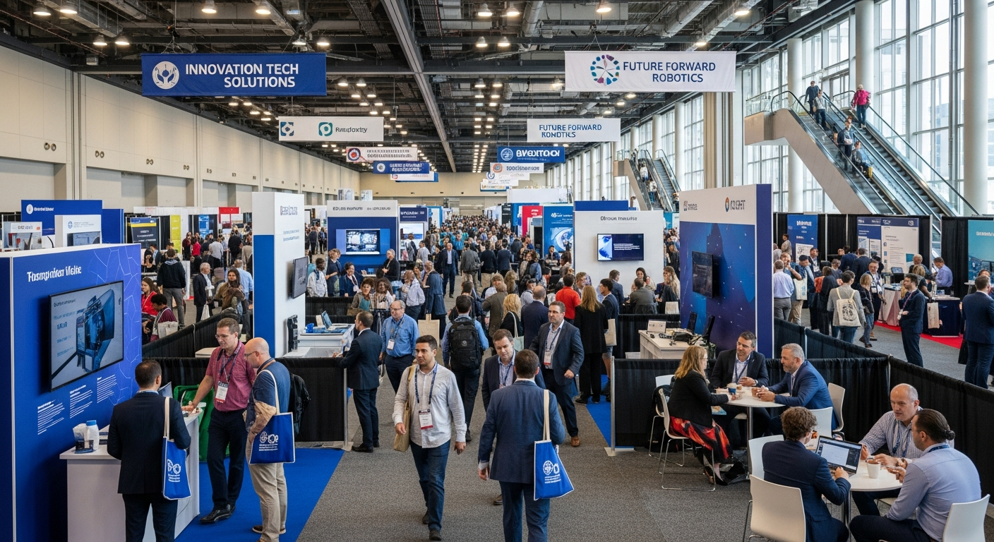Exhibitors and attendees at a busy convention hall