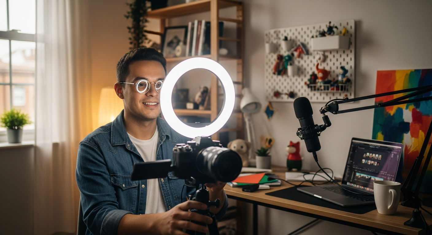A content creator filming a video in a home studio
