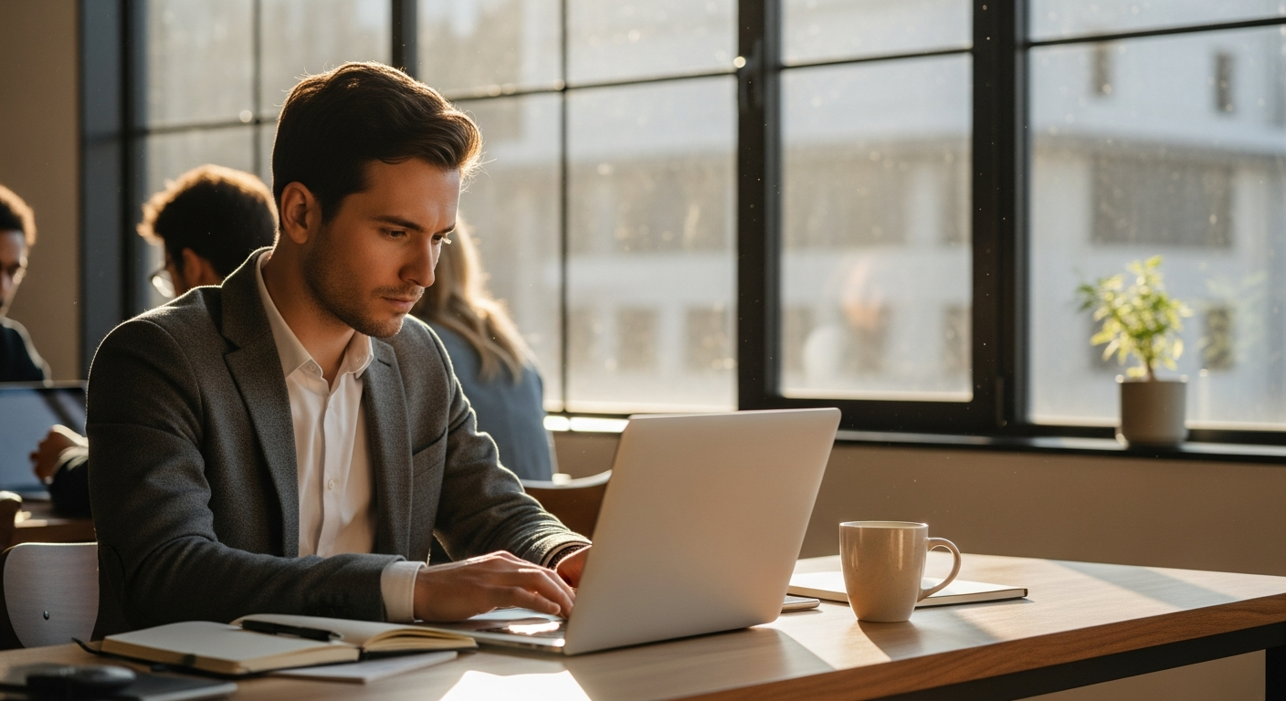 A freelancer working at a laptop in a modern co-working space