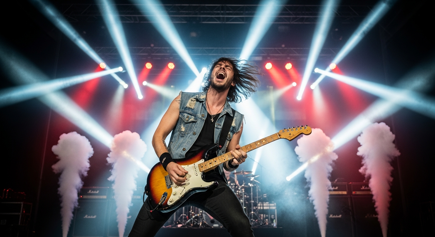 A musician performing on stage with concert lighting