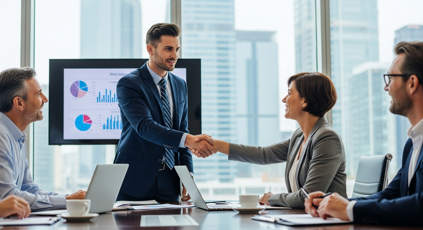 A sales professional presenting to clients in a business meeting