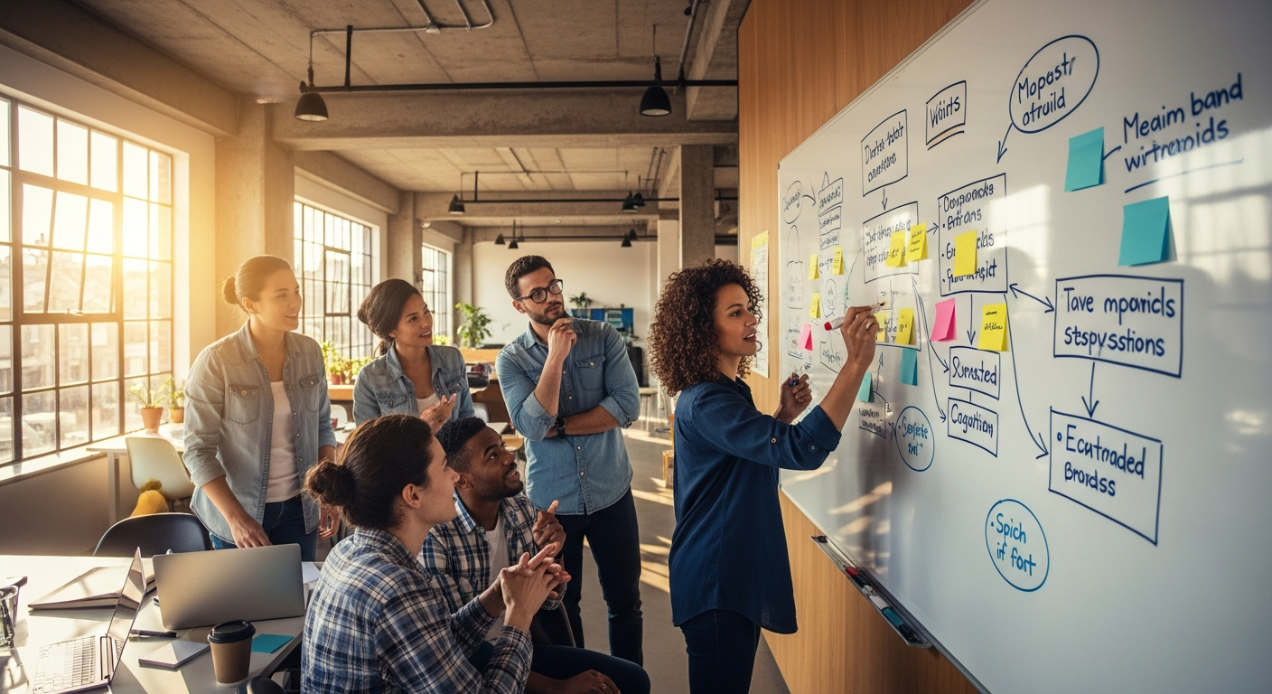A startup team brainstorming around a whiteboard in a modern office