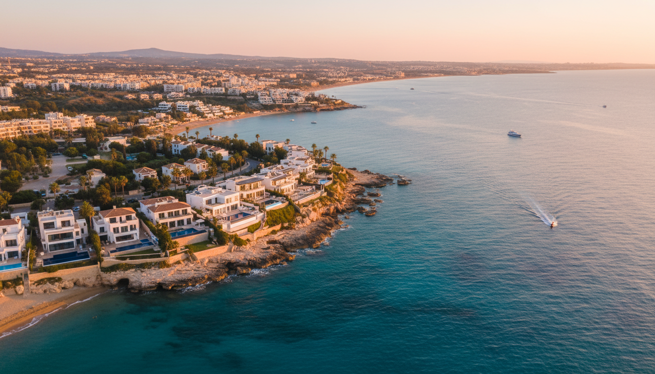 Aerial view of Mediterranean coastal villas along the Paphos coastline at golden hour