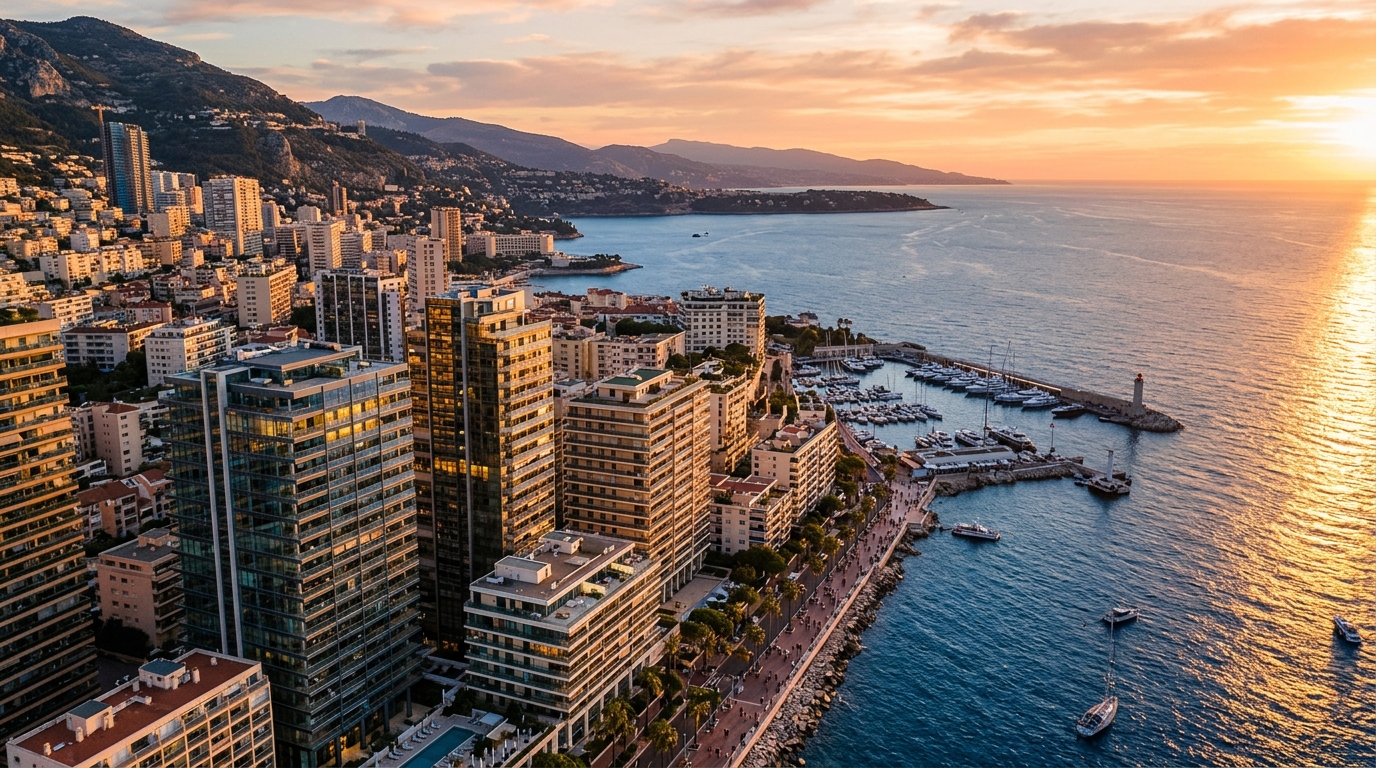 Mediterranean coastal city at sunset with modern apartments overlooking deep blue sea