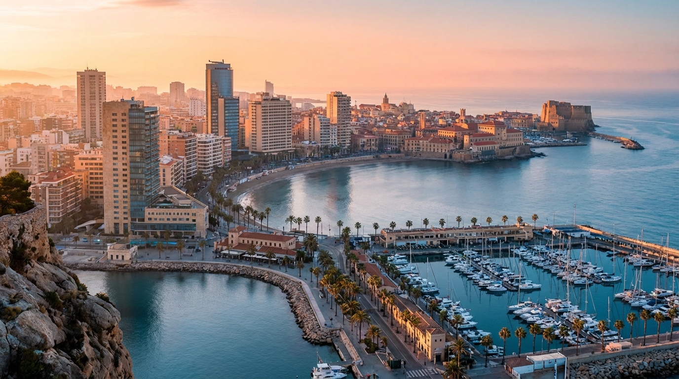 Mediterranean coastal skyline representing cross-border property capital flows