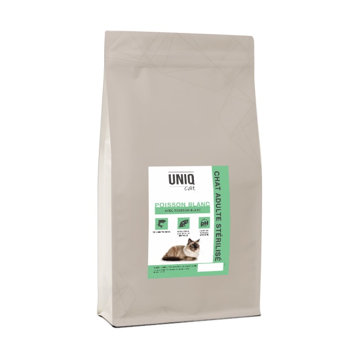 UNIQ Cat – Croquettes hypoallergéniques chat stérilisé – poisson blanc et caviar de hareng (Prix/11,40)