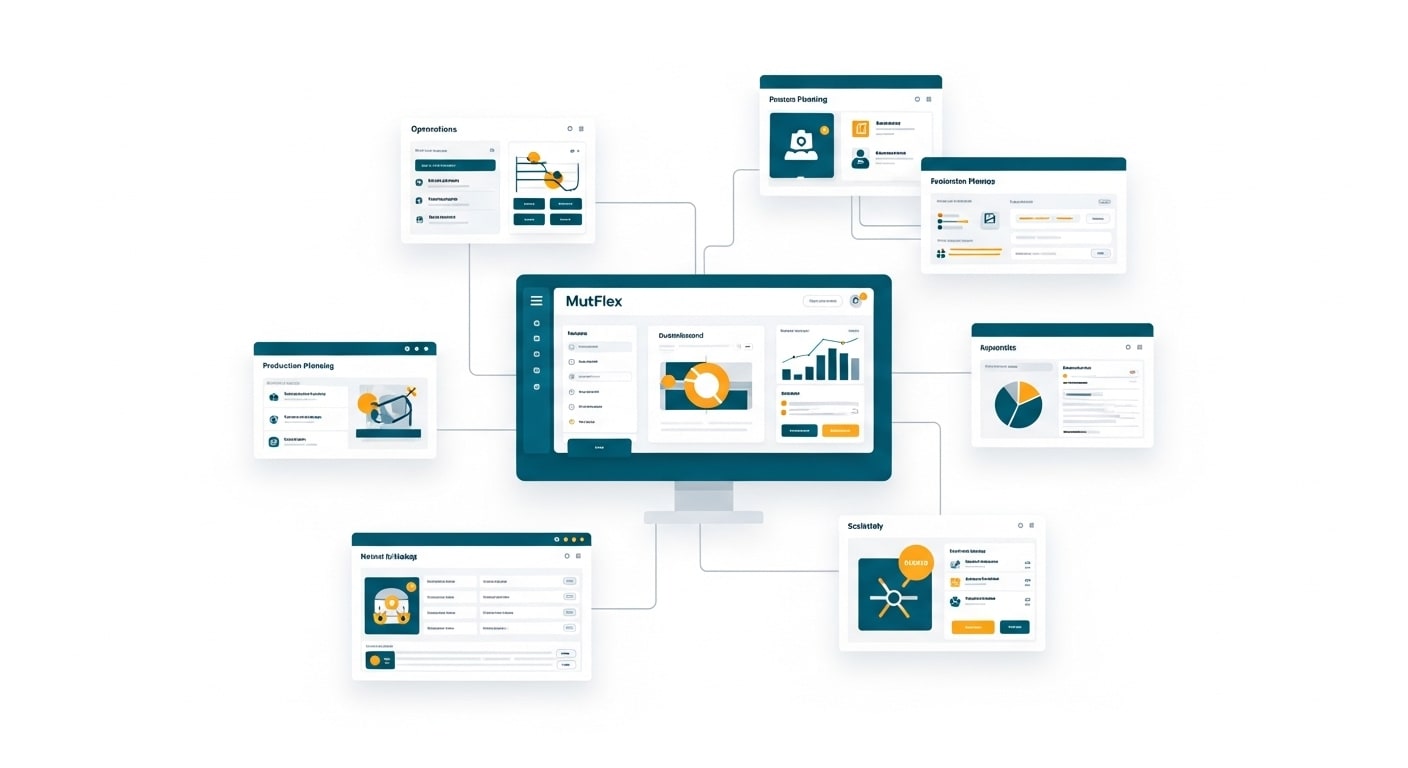 نظام إدارة مصانع حديث يوضح الميزات الأساسية. تحسين الكفاءة والإنتاجية في إدارة العمليات الصناعية.