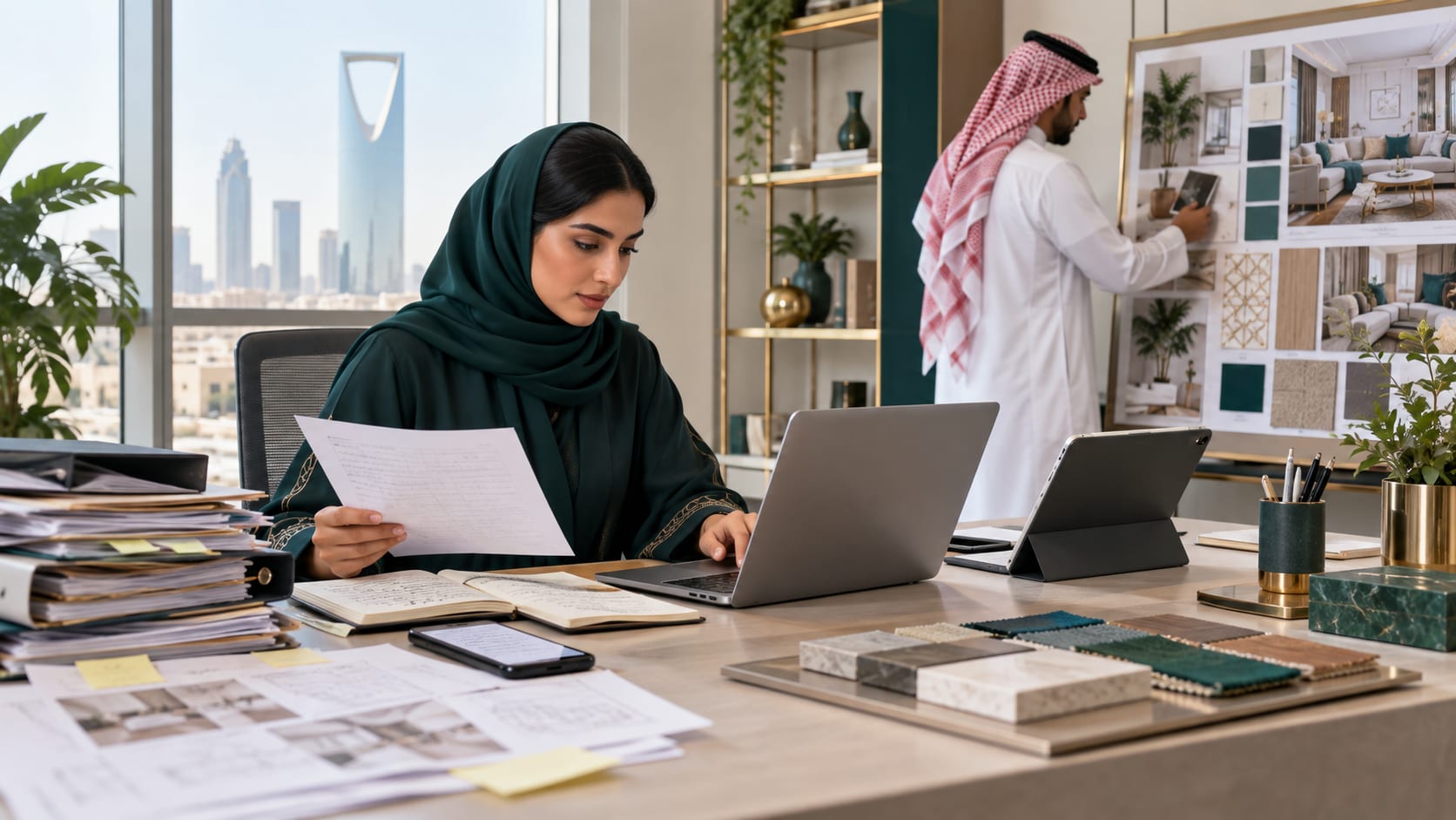 موظفة في شركة ديكور تراجع أوراق العملاء على مكتب، وزميلها يختار تصميمًا داخليًا