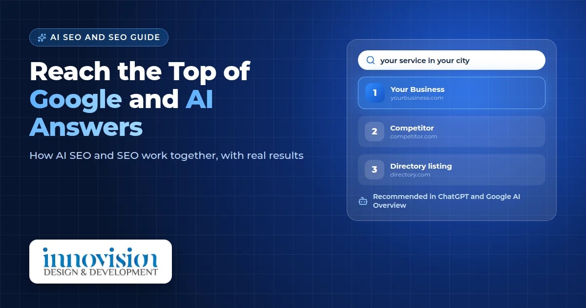 AI SEO services guide cover by Innovision Design and Development showing a business ranked first on Google