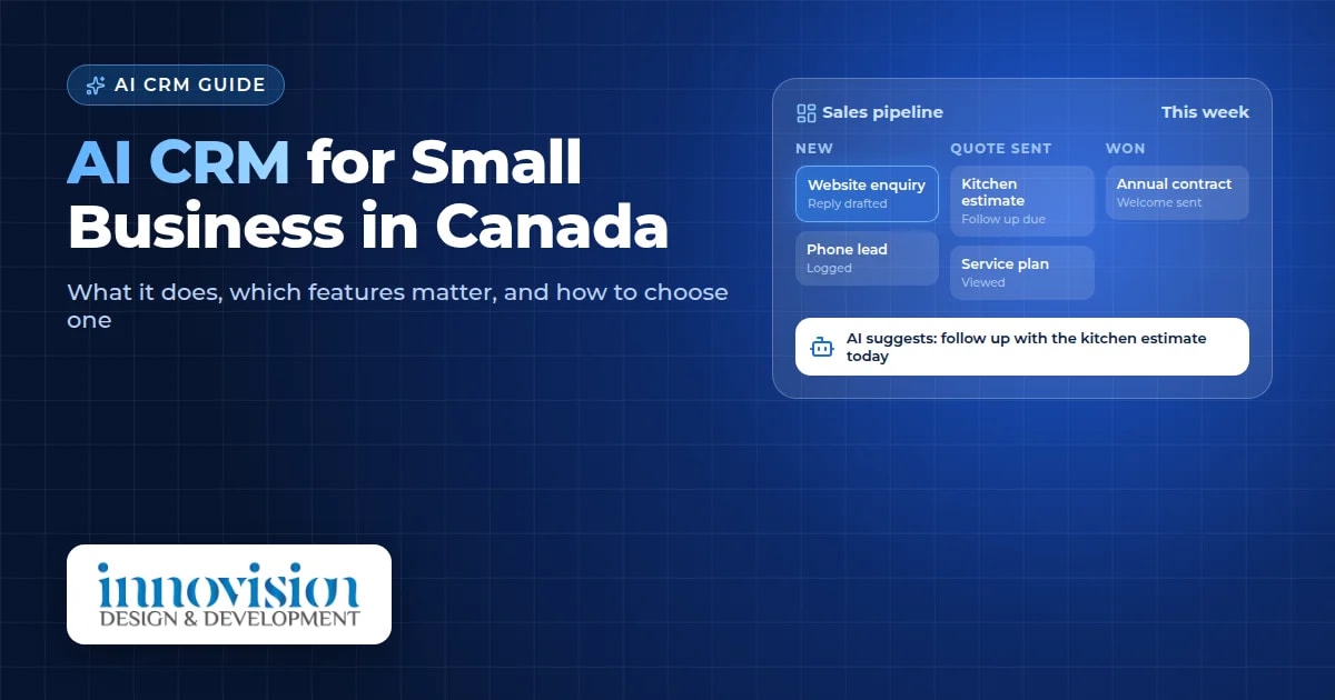 AI CRM for small business in Canada guide cover by Innovision Design & Development