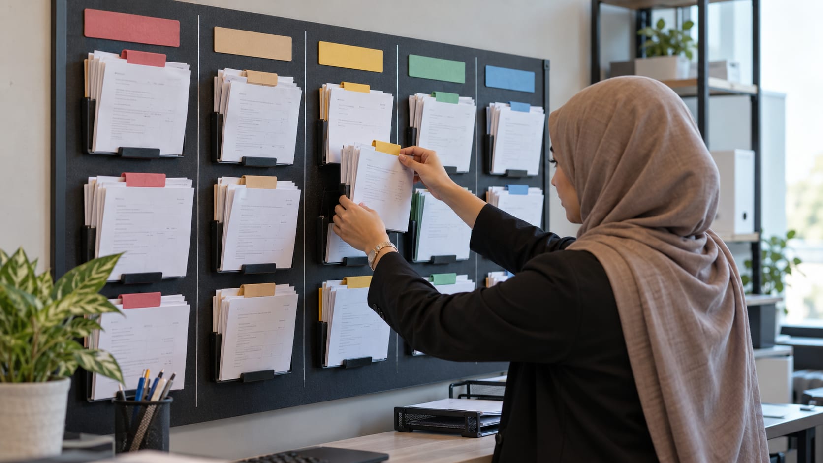 لوحة لتنظيم ملفات العروض بحسب مرحلة المتابعة