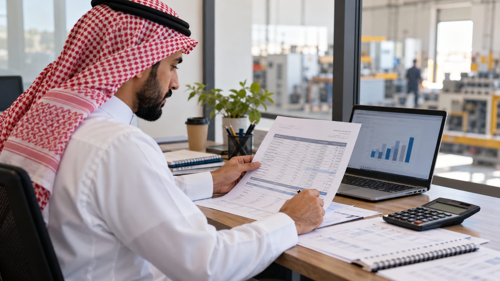محلل يراجع نتائج عروض على ورقة وحاسوب مع آلة حاسبة