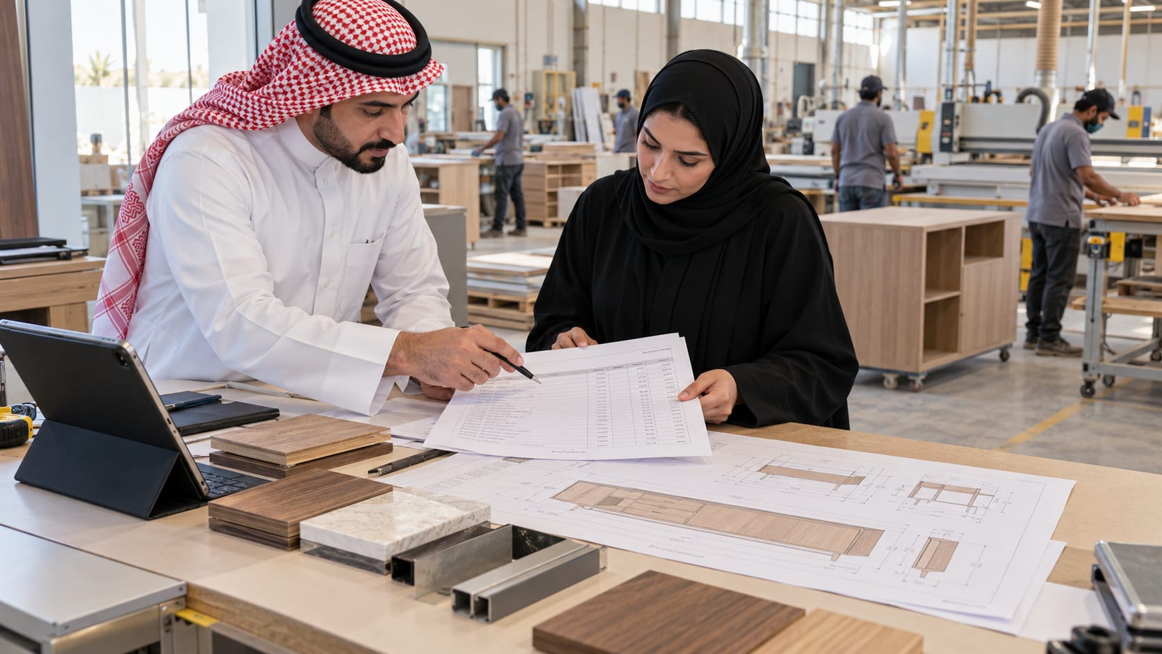 مراجعة عرض تجهيز أثاث بين مسؤول التسعير وزميلته داخل مكتب ورشة